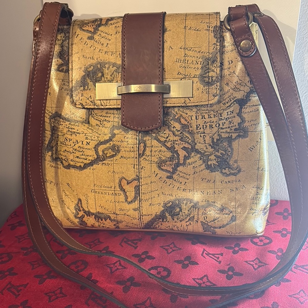 Patricia Nash Map-Print Crossbody in Brown and Gold